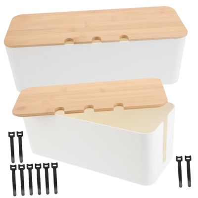 Artibetter Cable Management Box with Wood Lid Multi-Functional Cord Organizer for Home Office Desktop Power Strip Hider Cord Hiding Box for Computer Wires 1 Set