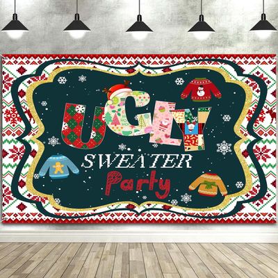 10X10ft Ugly Sweater Christmas Party Decorations Photo Backdrop Photography Background, Red and Green Xmas Backdrops Photo Booth Prop Banner Balloons Wall Decor Tablecloth