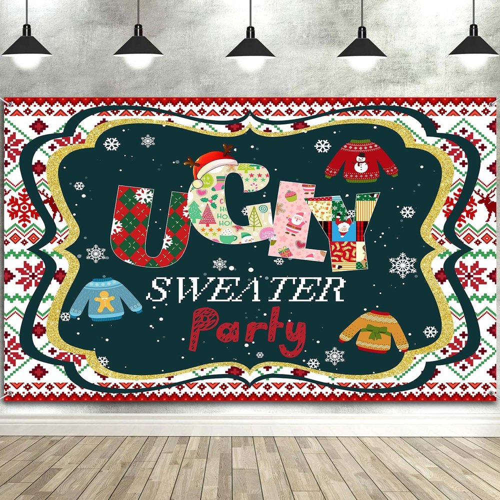 10X10ft Ugly Sweater Christmas Party Decorations Photo Backdrop Photography Background, Red and Green Xmas Backdrops Photo Booth Prop Banner Balloons Wall Decor Tablecloth