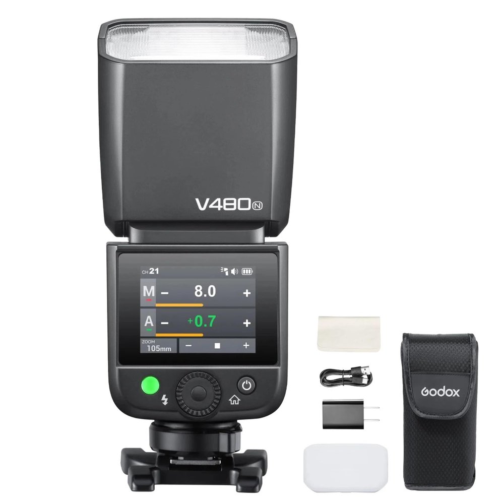 Godox V480-N V480 Flash for Nikon, Touchscreen Speedlite, GN50 High Output, USB-C Charging, 1.7s Fast Recycle, 650 Full-Power Flashes, 2.4G Wireless 1/8000s HSS GODOX V480N V480 N TTL Flash Speedlight
