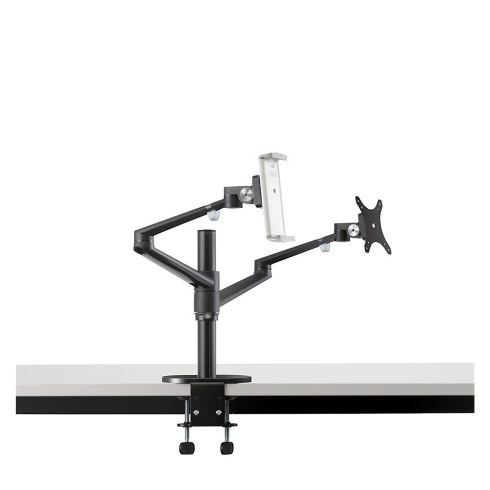 ADBWEKKF OL-3T Aluminum 3 in 1 Height Adjustable Desktop Dual Arm 17-32 Inch Monitor Holder+10-17 Inch Laptop Stand +14 Inch Tablet Mount(Black)