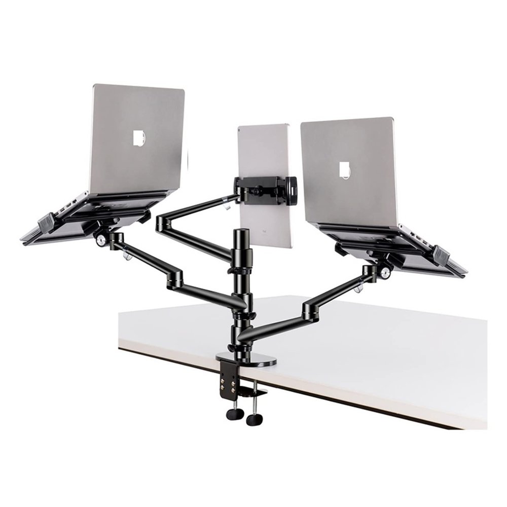 ADBWEKKF OL-30T Aluminum 3 in 1 Height Adjustable Desktop Dual Arm 10-17 Inch Double Laptop Stand +14 Inch Tablet Mount(Black)