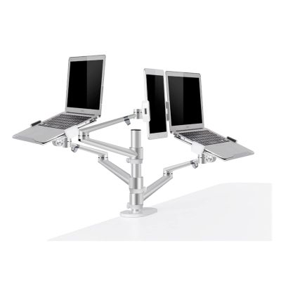 ADBWEKKF OL-30T Aluminum 3 in 1 Height Adjustable Desktop Dual Arm 10-17 Inch Double Laptop Stand +14 Inch Tablet Mount(Gray)