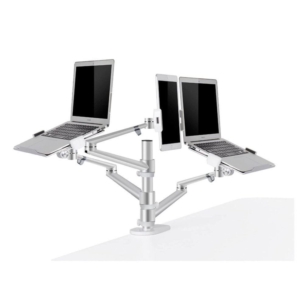 ADBWEKKF OL-30T Aluminum 3 in 1 Height Adjustable Desktop Dual Arm 10-17 Inch Double Laptop Stand +14 Inch Tablet Mount(Gray)