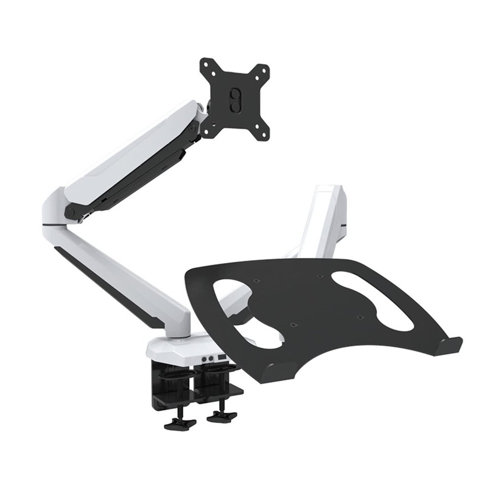ADBWEKKF 15"-27" DL-GM224U-D Dual Arm Monitor Desktop Stand Swivel Screen Table Bracket Big Clamp with Laptop Tray with USB Port(White)