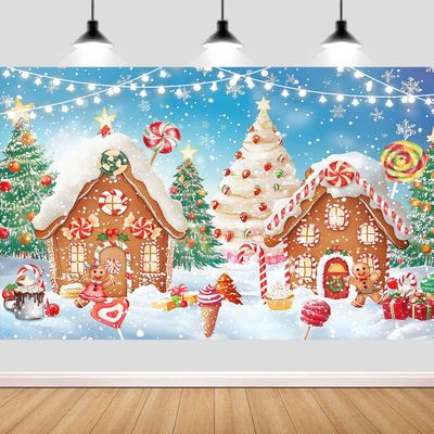 10X10ft Candyland Gingerbread House Party Photo Backdrop Photography Background for Kids, Merry Christmas Backdrops Photo Booth Prop Decorations Banner Balloons Wall Decor Tablecloth