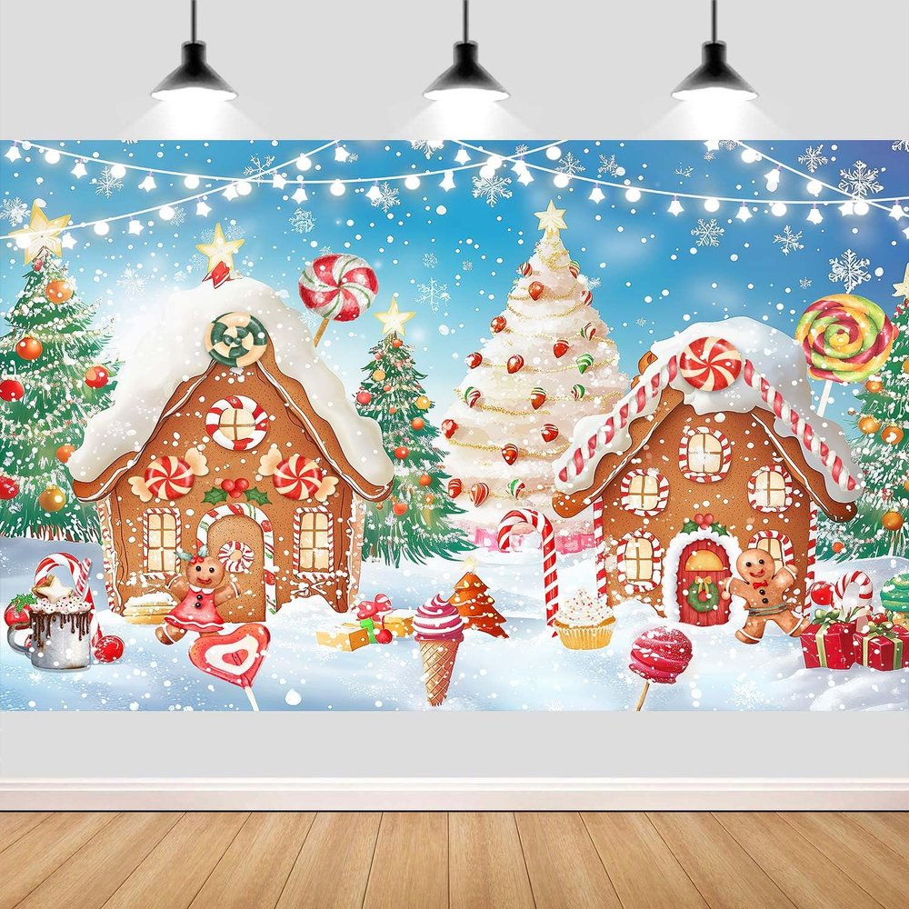 10X10ft Candyland Gingerbread House Party Photo Backdrop Photography Background for Kids, Merry Christmas Backdrops Photo Booth Prop Decorations Banner Balloons Wall Decor Tablecloth