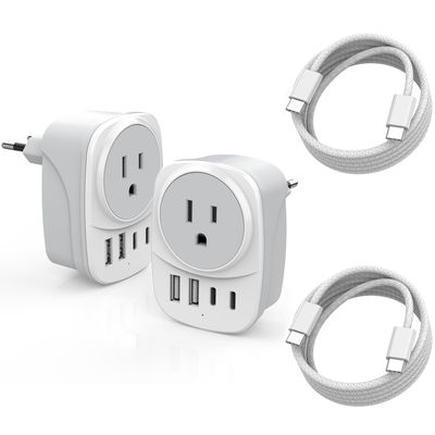 European Travel Plug Adapter,Universal Travel International Power Adapter 2 USBC Port and 2 USBA Port,Fast Charging USB C-C Woven Cable ,USB C Power Plug for US to Europe Adapters for Multiple Devices