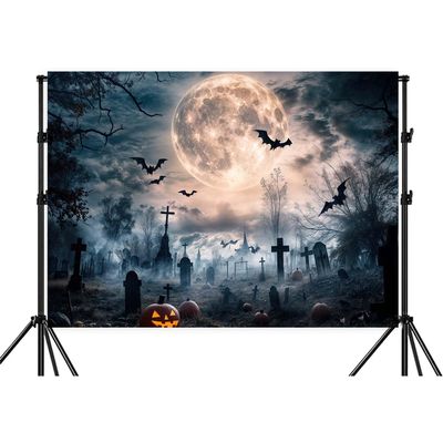 15X10ft Halloween Backdrop Full Moon Night Flying Bat Cemetery Pumpkin Gothic Happy Themed Party Misty Graveyard Grave Stone Cross Dark Forest Photo Background Banner Photo Studio Props