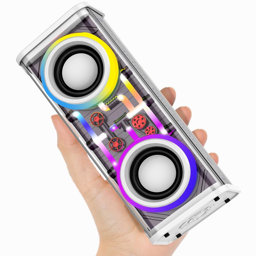 Portable Bluetooth Speaker with LED Lights&Transparent Casing, Bluetooth 5.3 Wireless Outdoor Speakers Support TWS Pairing/TF Card, 10W Stereo Sound, Electronics for Home, Outdoors, Travel (White)