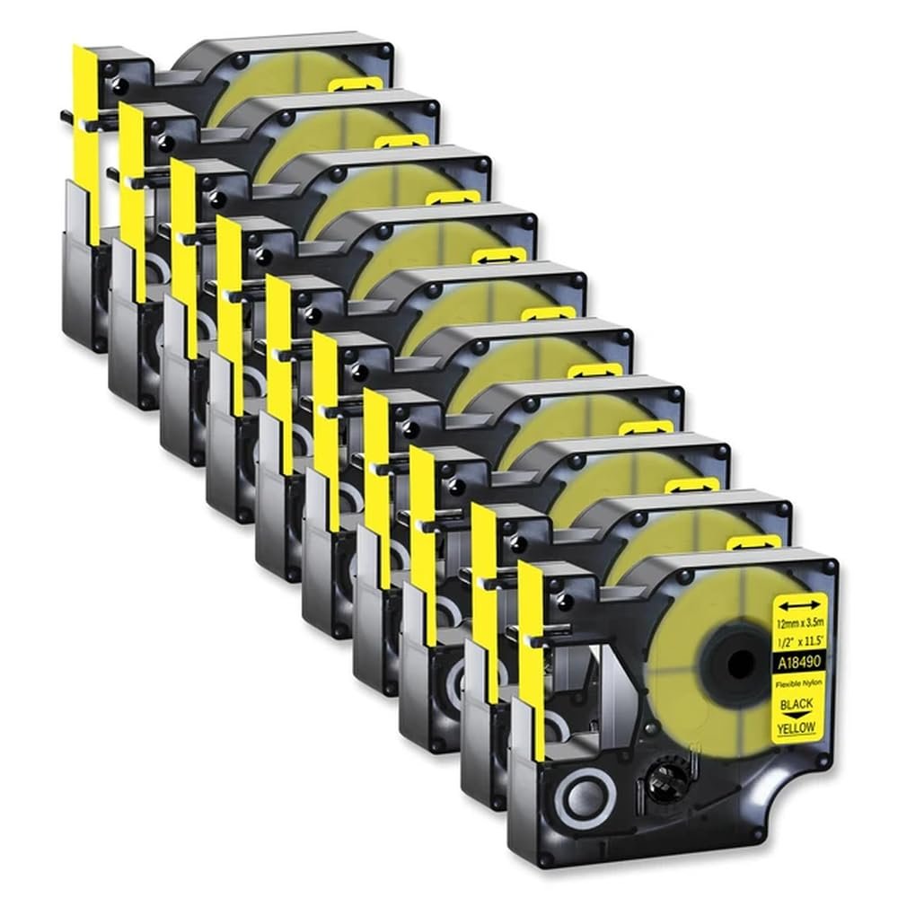 10PK Flexible Nylon Labels Compatible with 18490 Black On Yellow 12mm Compatible with Use with 5200 and 3MPL300 Printers