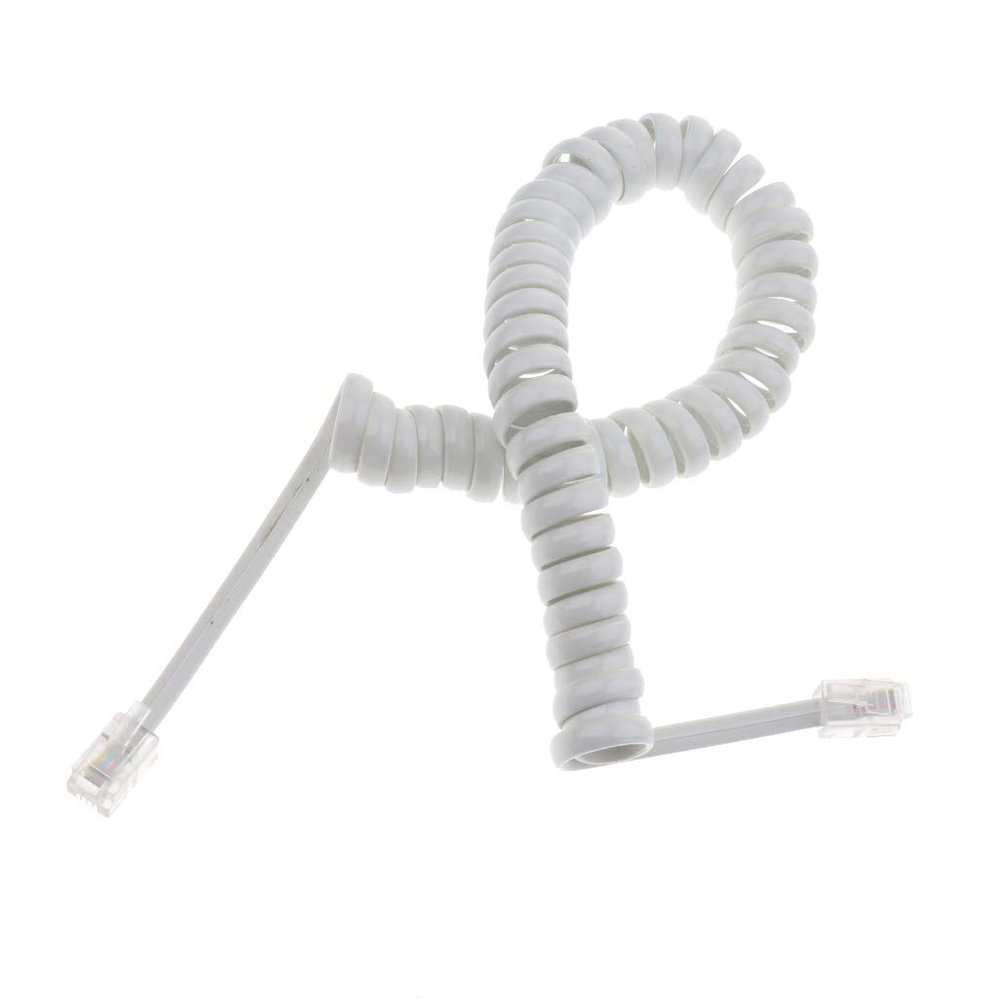 pistro White Curly Telephone Line Cord 4P4C 5 Ft Uncoiled 1 Ft Coiled Gold Contacts Crystal Connector