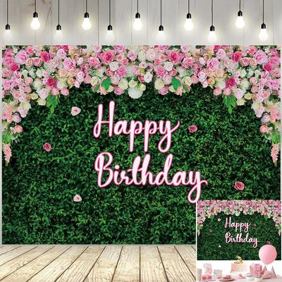 7X5FT Green Leaves Floral Birthday Backdrop Pink Rose Flower Wall Photography Background Women Girls Greenery Leaves Birthday Newborn Baby Shower Party Cake Table Photo Decoration