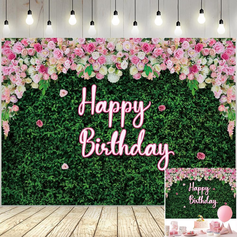 7X5FT Green Leaves Floral Birthday Backdrop Pink Rose Flower Wall Photography Background Women Girls Greenery Leaves Birthday Newborn Baby Shower Party Cake Table Photo Decoration