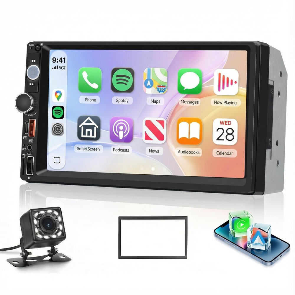 7 Inch Double Din Car Radio Stereo, Wireless CarPlay Android Auto, HD Touch Screen, Bluetooth 2 Din Stereo, AHD Backup Camera, Mirror Link, FM EQ SWC, Type-C USB Fast Charging, Video Playback
