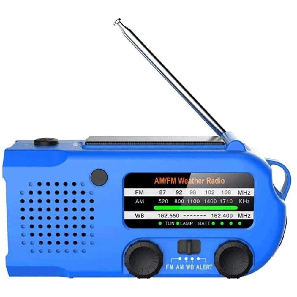 Weather Radio Emergency Solar Hand Crank Radio AM/FM/for Home and Outdoor Emergency, SOS Alarm, Flashlight, Reading Lamp, USB Charge(Blue)