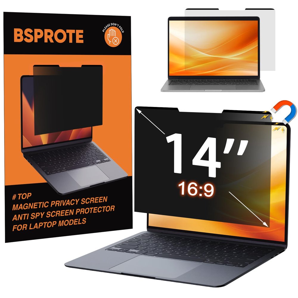 BSPROTE Magnetic Laptop Privacy Screen 14 Inch (Diagonal) 16:9 Display- Removable Anti-Glare Blue Light Filter, Computer Privacy Screen Shield Compatible with 14'' Hp Acer Asus Lenovo Dell Monitor