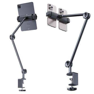 WYYHAA Adjustable Tablet Stand Holder Supports 2 Phones, Multi-Angle Foldable Design Phone Arm Mount, Desktop Aluminum Alloy Cantilever Folding Bracket Compatible with 4"-13" Tablet
