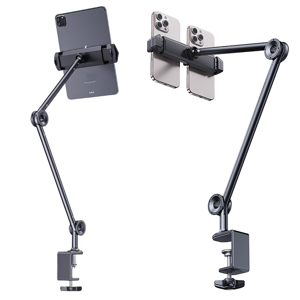 WYYHAA Adjustable Tablet Stand Holder Supports 2 Phones, Multi-Angle Foldable Design Phone Arm Mount, Desktop Aluminum Alloy Cantilever Folding Bracket Compatible with 4"-13" Tablet