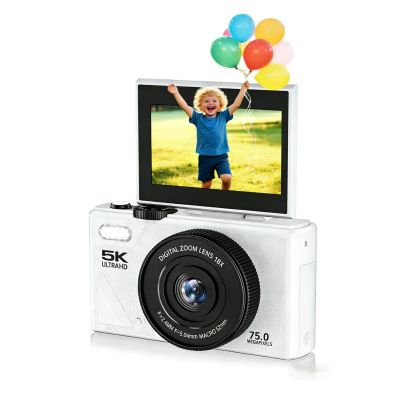 Sanpyl 75MP Digital Camera, 3 Inch Screen, 5K Video, 18X Zoom, Face Detection, Stabilization, Time Lapse, Slow Motion, Rechargeable, Live Streaming for Beginners (White)