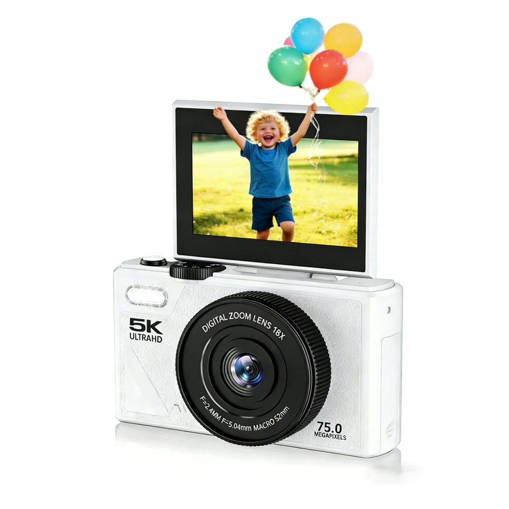Sanpyl 75MP Digital Camera, 3 Inch Screen, 5K Video, 18X Zoom, Face Detection, Stabilization, Time Lapse, Slow Motion, Rechargeable, Live Streaming for Beginners (White)