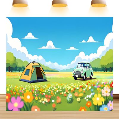 10X8ft Camping Backdrop Cartoon Tent Party Photography Background Grassland Flowers Garden Birthday Shower Outdoor Party Decorations Photo Shoot Booth