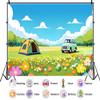 10X8ft Camping Backdrop Cartoon Tent Party Photography Background Grassland Flowers Garden Birthday Shower Outdoor Party Decorations Photo Shoot Booth view 2