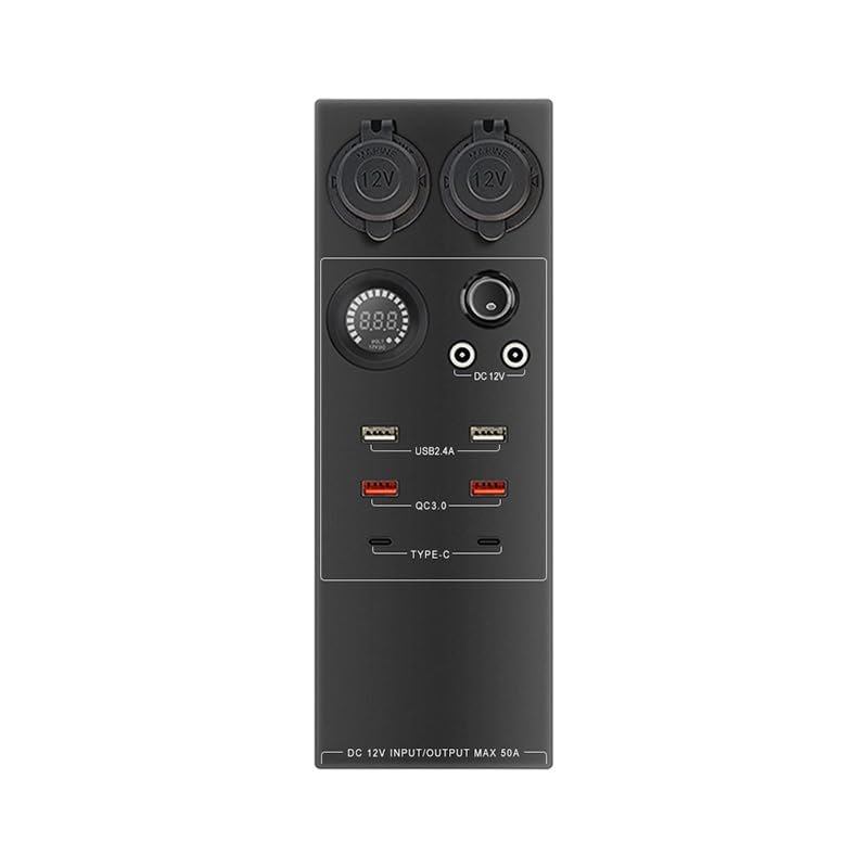 LICITTI 12V/24V DC Power Distribution Box - 13 Ports with Voltmeter, 50A Anderson Input/Output, USB QC3.0/Type-C, Cig Sockets - Mobile Power Station for Camping, RV, Off-Grid