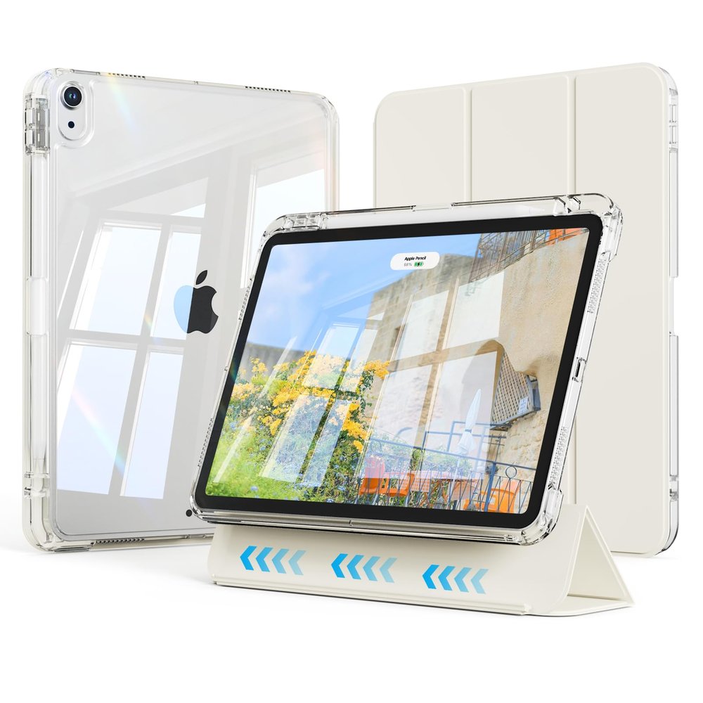 KTGGHG Hybrid Case for New iPad Air 11-Inch M4/M3/M2 2026/2025/2024, iPad Air 5/4th Gen 2022/2020 10.9"with Pencil Holder, 2-in-1 Removable Sliding Cover, Thin&Lightweight, Auto Sleep/Wake,White Cream