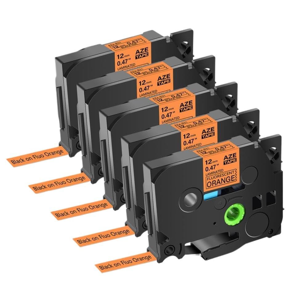 12mm 5PK 10PK Compatible Label Tape for TZ-231 TZE 231 Printers Black On White Laminated Tapes(Fluo Orange-5PK)