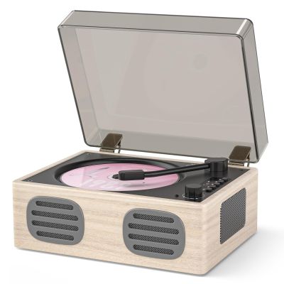 MANGOSTAN Portable Retro CD Player with Bluetooth Transmitter and Dual HiFi Speakers, LED Screen, Desktop Vintage Nostalgic Rechargeable CD Music Player for Home, Grey Wooden