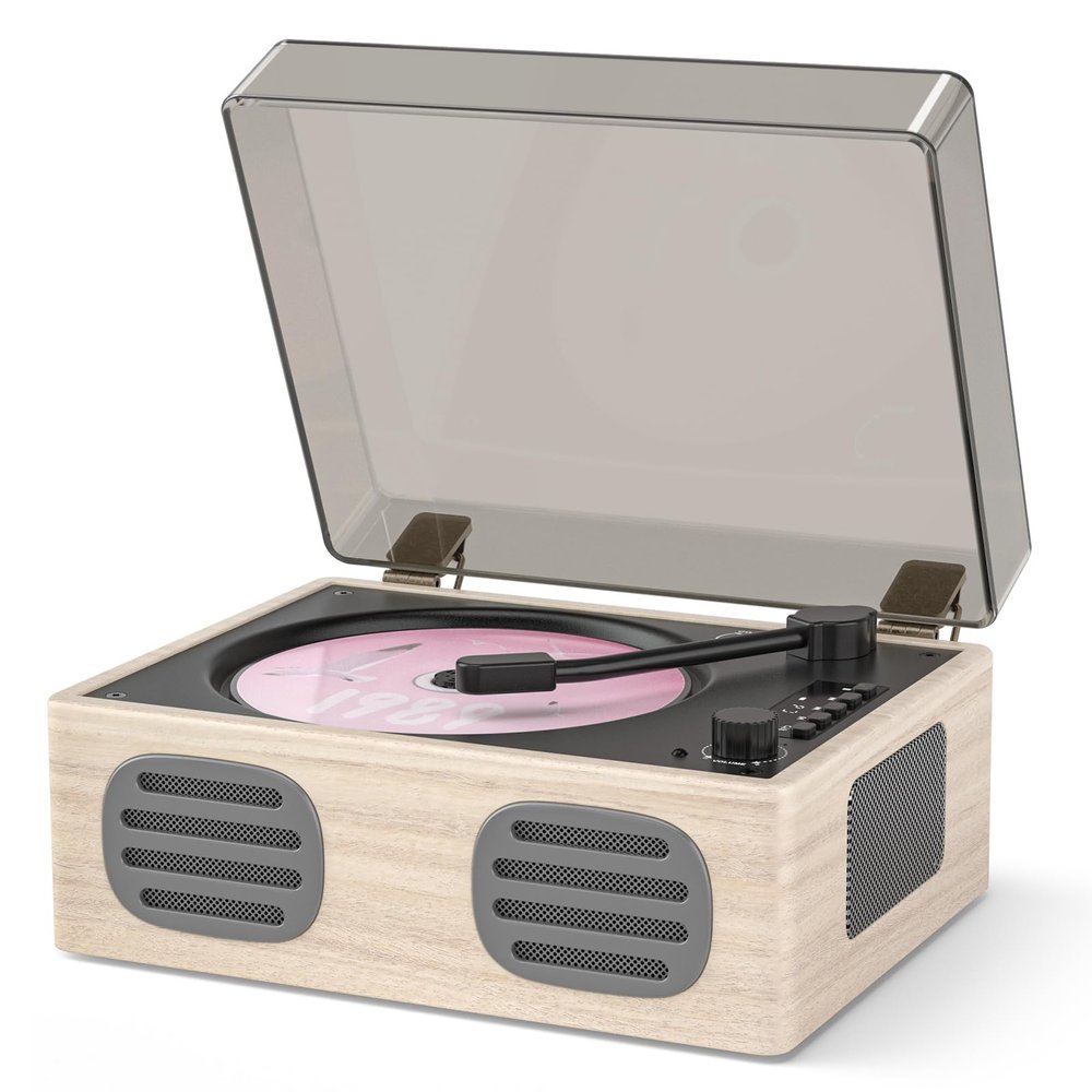 MANGOSTAN Portable Retro CD Player with Bluetooth Transmitter and Dual HiFi Speakers, LED Screen, Desktop Vintage Nostalgic Rechargeable CD Music Player for Home, Grey Wooden