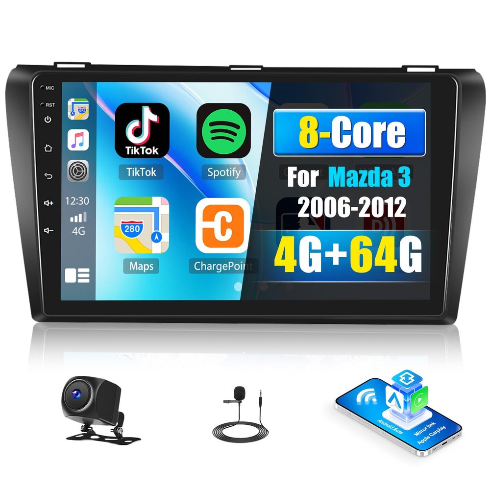 SIXTOP 4G+64G 8 Core Android Car Stereo Radio for Mazda 3 2006-2012 Wireless CarPlay Android Auto 9 Inch 1280 * 720 Touch Screen GPS Navigation Bluetooth5.0 DSP 32EQ WiFi FM/RDS SWC AHD Rear Camera