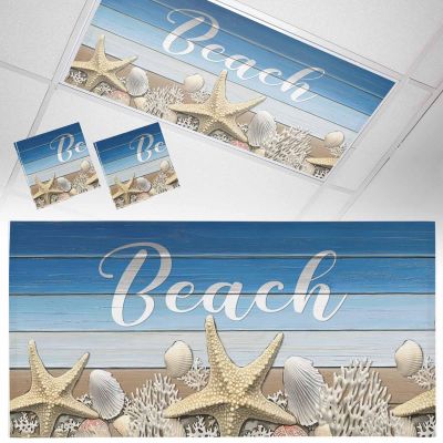 Fluorescent Light Covers for Drop Ceiling Beach Words on Blue Wood Board Magnetic Light Filters, Marine Life Starfish Ceiling Shade Filters for Home Classroom Office,2x4 ft,2Packs