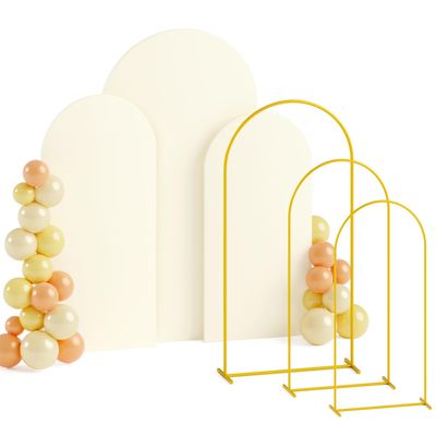 ROMANKAS Metal Arch Backdrop Stand and Cover Set 4&5&6ft Arch Backdrop Cover Wedding Arch with Cover Ivory Backdrop Stand and Cover Set of 3 Wedding Arch Backdrop Stand for Wedding Party Event Decor