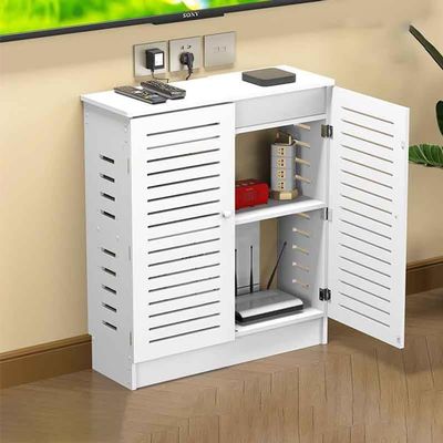 WiFi Router Storage Box - PVC Breathable Grid Organizer for Modem & Router, Desktop Cabinet for Home & Office, Stylish White (32" L 10" W 32" H)