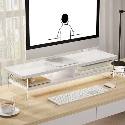 2 Tiers Wood Monitor Stand, Monitor Riser with Acrylic Support Clear Computer Multi Media Desktop Stand TV Shelf Risers
