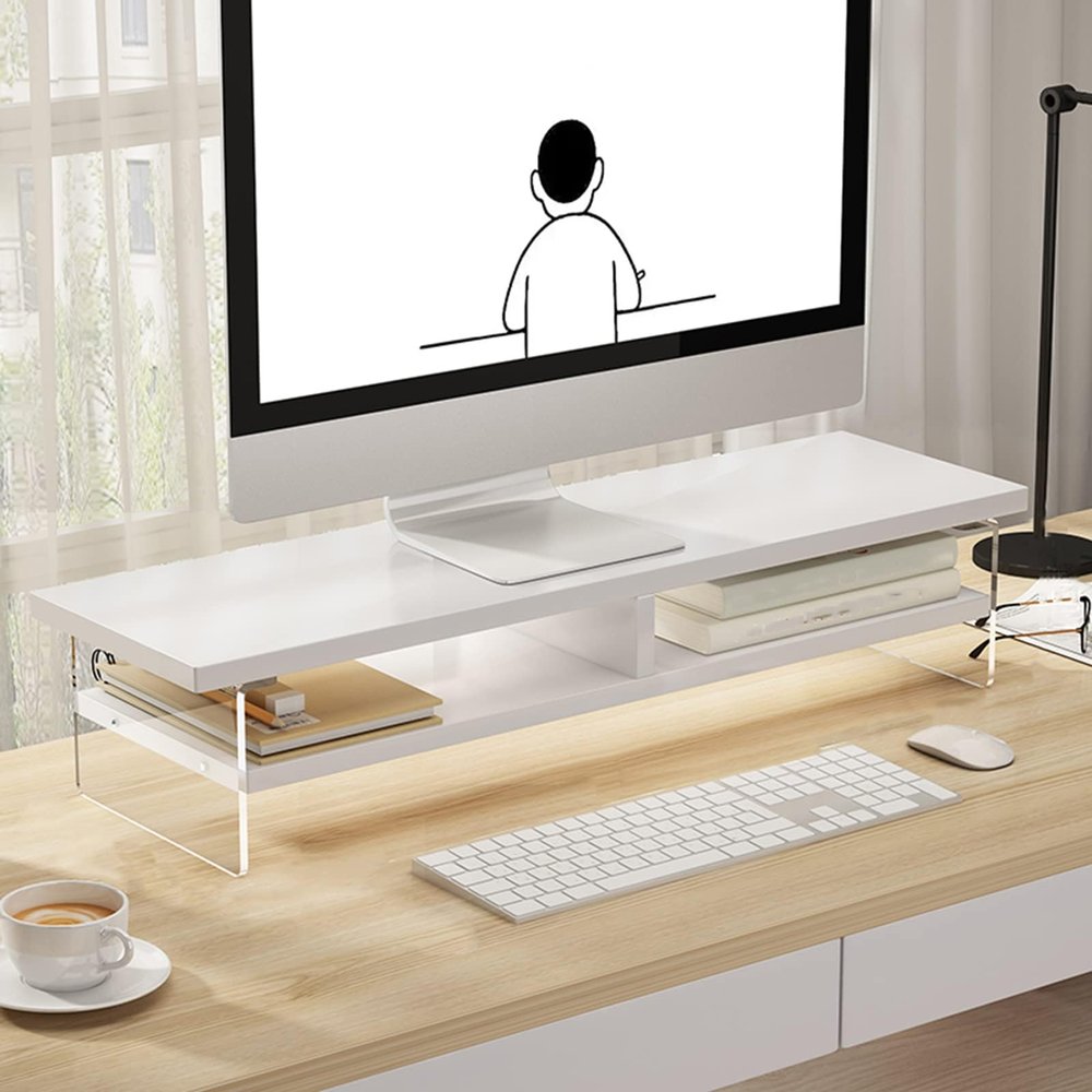 2 Tiers Wood Monitor Stand, Monitor Riser with Acrylic Support Clear Computer Multi Media Desktop Stand TV Shelf Risers