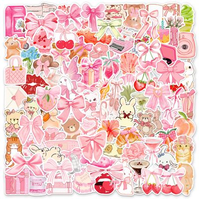 100 Pcs Coquette Stickers Cute Aesthetic Sticker Coquete Pink Bow Vinyl Waterproof Stickes for Water Bottles Laptop Skateboard Luggage Computer Stickerss
