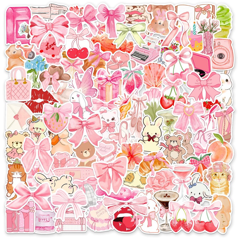 100 Pcs Coquette Stickers Cute Aesthetic Sticker Coquete Pink Bow Vinyl Waterproof Stickes for Water Bottles Laptop Skateboard Luggage Computer Stickerss