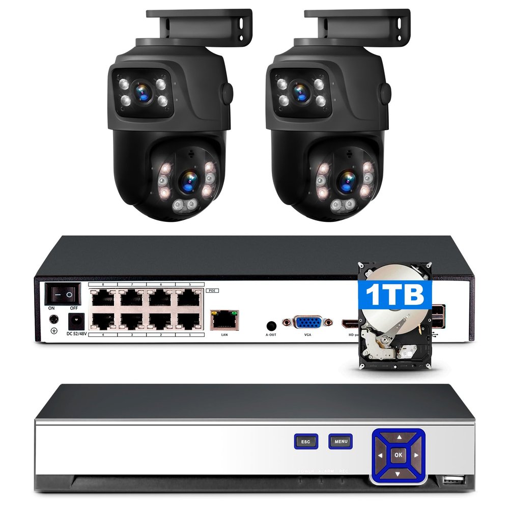 360 Smart Camera, 8 CH Cameras System for Home Security, 2pcs Outdoor Cameras with Dual-Screen Browsing, Human Shape Detection, Two-Way Audio, 1TB Hard Disk, Suitable for Home, Indoor/Outdoor