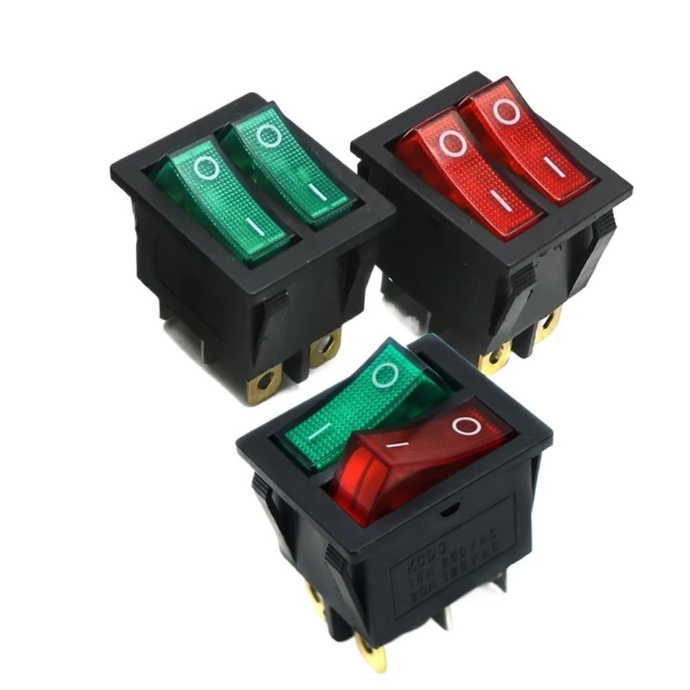 1pcs DIY Model KCD3 Double Boat Rocker Switch Toggle 6 Pin On-Off with Green Red Light 20A 125VAC(Red Green)