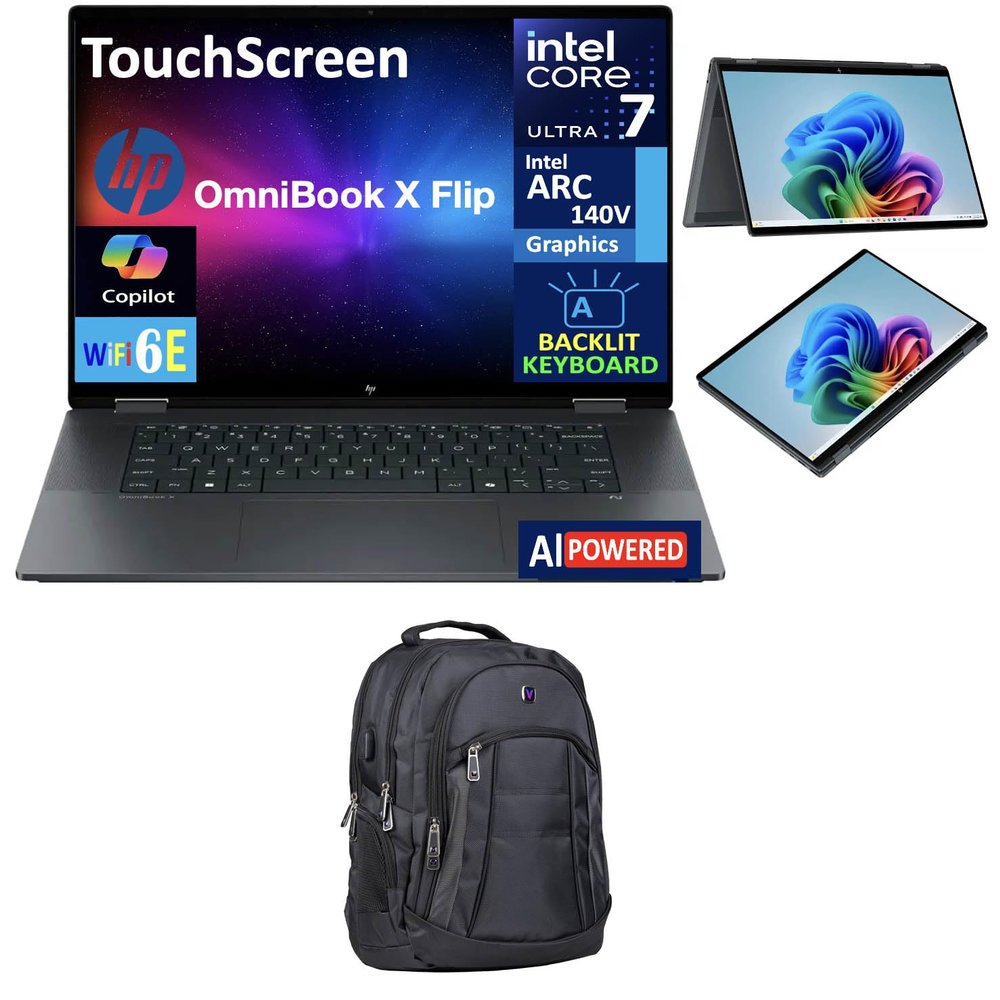 HP OmniBook X Flip 2-in-1 AI Powered 2-in-1 Laptop 16.0" Touchscreen IPS WUXGA Display (Intel Ultra 7-256V, 16GB LPDDR5X, 1TB SSD, Backlit KB, Thunderbolt 4, WiFi 6E, Win 11 Home) w/Premium Backpack