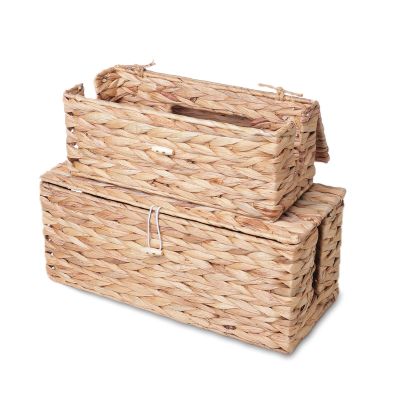 KWEEHAWTI Cable Management Box, Cord Hider Organizer Box with Lid 2-Pack,2 Side Open Slots Handwoven Water Hyacinth Storage Box for Power Strips, Floor, Desk, Office