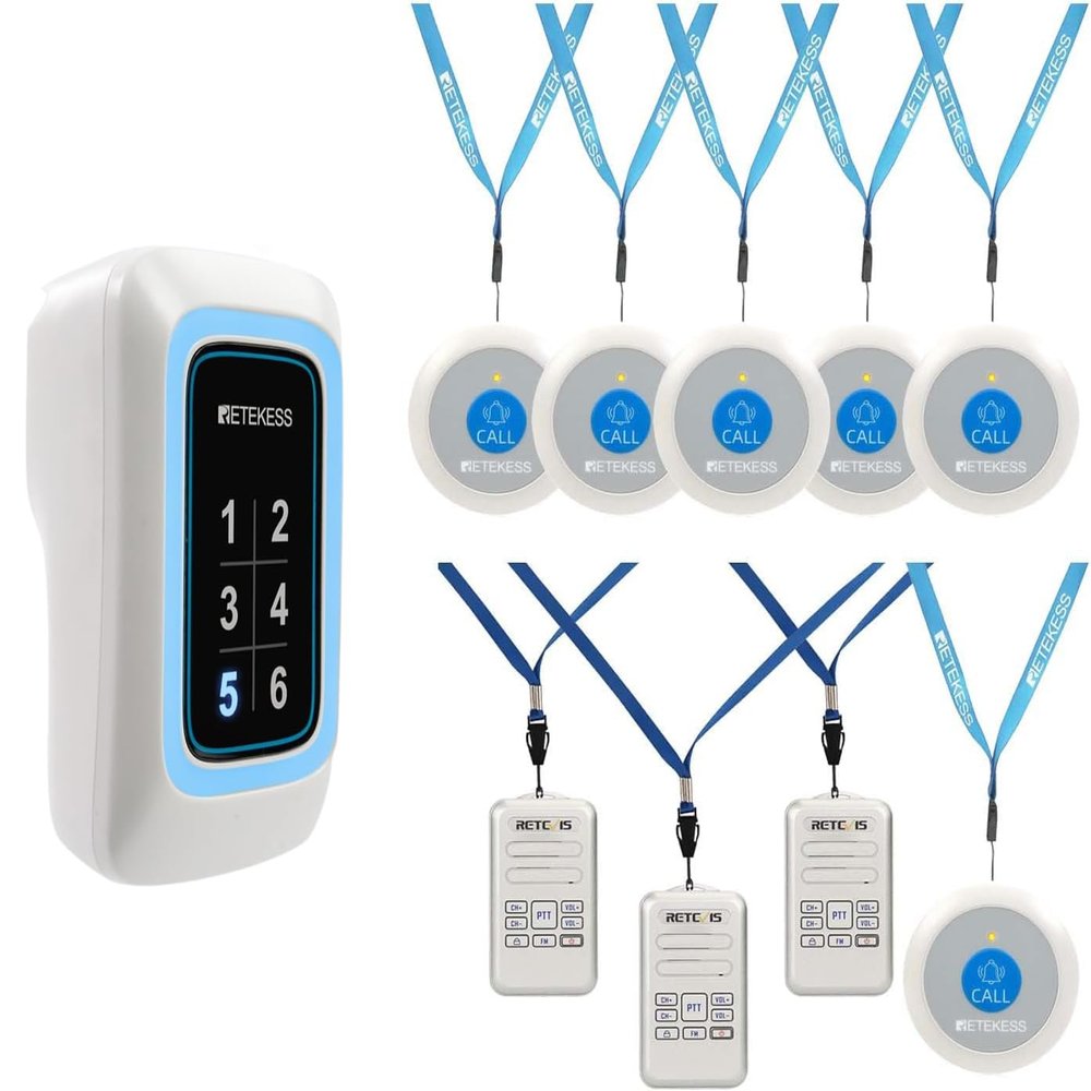 Retevis RT20 Walkie Talkies for Adults Bundle with Retekess TH109N Nurse Call System,1 Plug-in Receiver 6 Panic Buttons for Elderly at Home, Hospital, Nursing Station