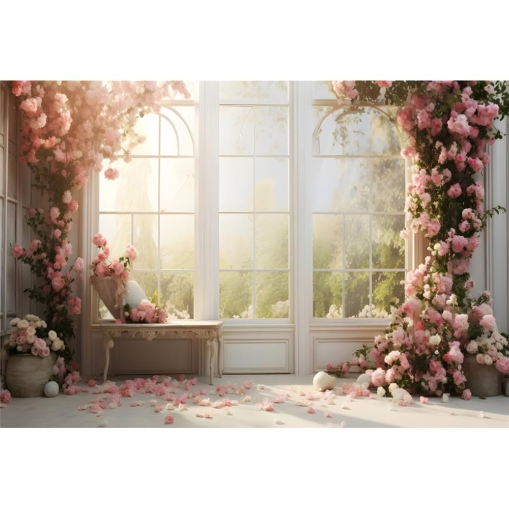 Yeele 10x8ft Dreamy Floral Room Backdrop Romantic Pink Rose Flowers White Window Dawn Elegant Princess Room Background for Wedding Birthday Party Decor Girl Woman Portrait Photo Shoot Prop