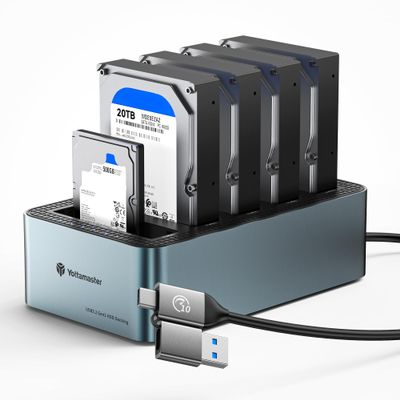 Yottamaster 5 Bay Hard Drive Docking Station Aluminum for 2.5''/3.5'' SATA SSD/HDD, USB 3.2 Gen1 Hard Drive Cloner Duplicator, Supports UASP and Up to 100TB (5x20TB) for 1-to-4 Offline Cloning (KB500)