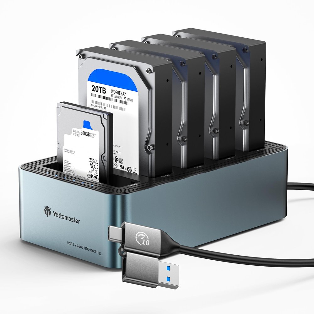 Yottamaster 5 Bay Hard Drive Docking Station Aluminum for 2.5''/3.5'' SATA SSD/HDD, USB 3.2 Gen1 Hard Drive Cloner Duplicator, Supports UASP and Up to 100TB (5x20TB) for 1-to-4 Offline Cloning (KB500)