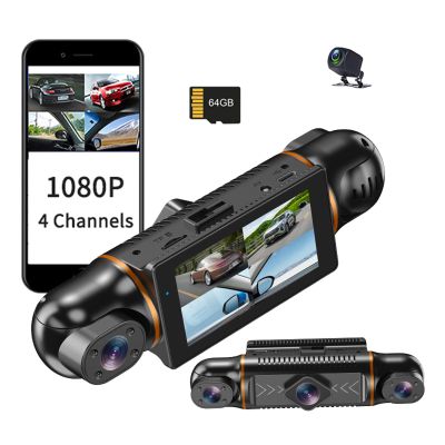 4 Channel Dash Cam Full HD 1080P Car Camera Recorder 360 Degree IR Night Vision Rotatable Lenses, GPS Tracking WiFi Real-Time APP Viewing Front Rear Left Right Recording with 64GB SD Card