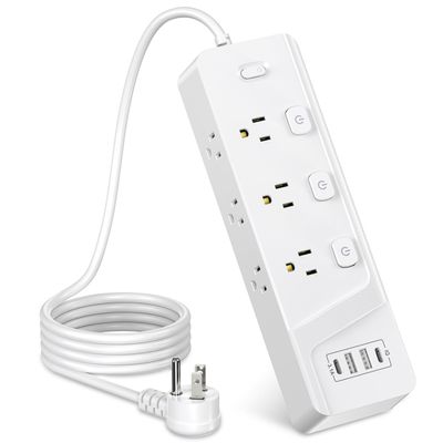HITRENDS Power Strip with 6 AC Outlets and 4 USB Ports (2 USB-A & 2 USB-C), Dual Control Switches, 6 Ft Flat Plug Extension Cord with Multiple Outlets, Overload Protection, 10A/1250W, White 